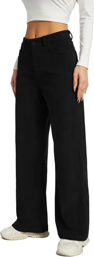 Women's Corduroy Loose Mid Rise Pant Casual Fall Straight Leg Elastic Waist Pants with Pockets