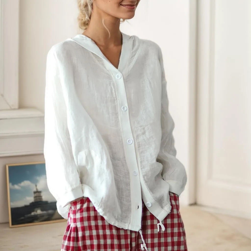 Women's Cotton Linen Hooded Solid Color Button Down Cardigan Jacket Long Sleeve Lightweight Loose Cover Up with Pocket