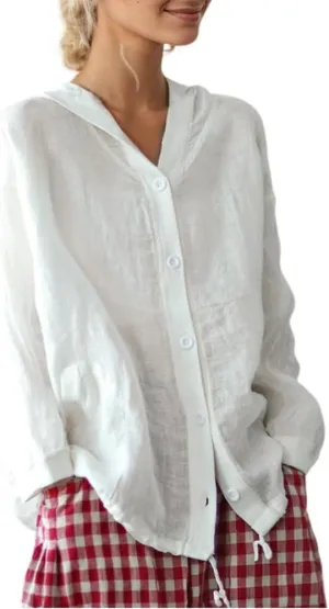 Women's Cotton Linen Hooded Solid Color Button Down Cardigan Jacket Long Sleeve Lightweight Loose Cover Up with Pocket