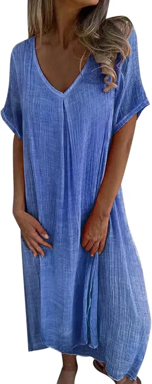 Women's Cotton Linen Maxi Dress Short Sleeve Summer Short Sleeve V-Neck Loose Dresses Solid Vacation Trendy Dresses