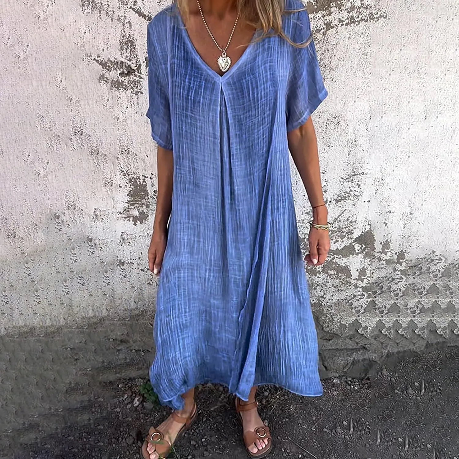 Women's Cotton Linen Maxi Dress Short Sleeve Summer Short Sleeve V-Neck Loose Dresses Solid Vacation Trendy Dresses