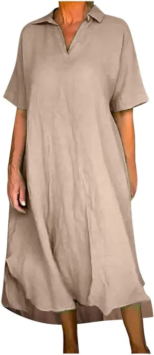 Women's Cotton Linen Maxi Dress Short Sleeve V Neck Causal Loose Dresses Summer Plus Size Solid Color Sundresses 2025