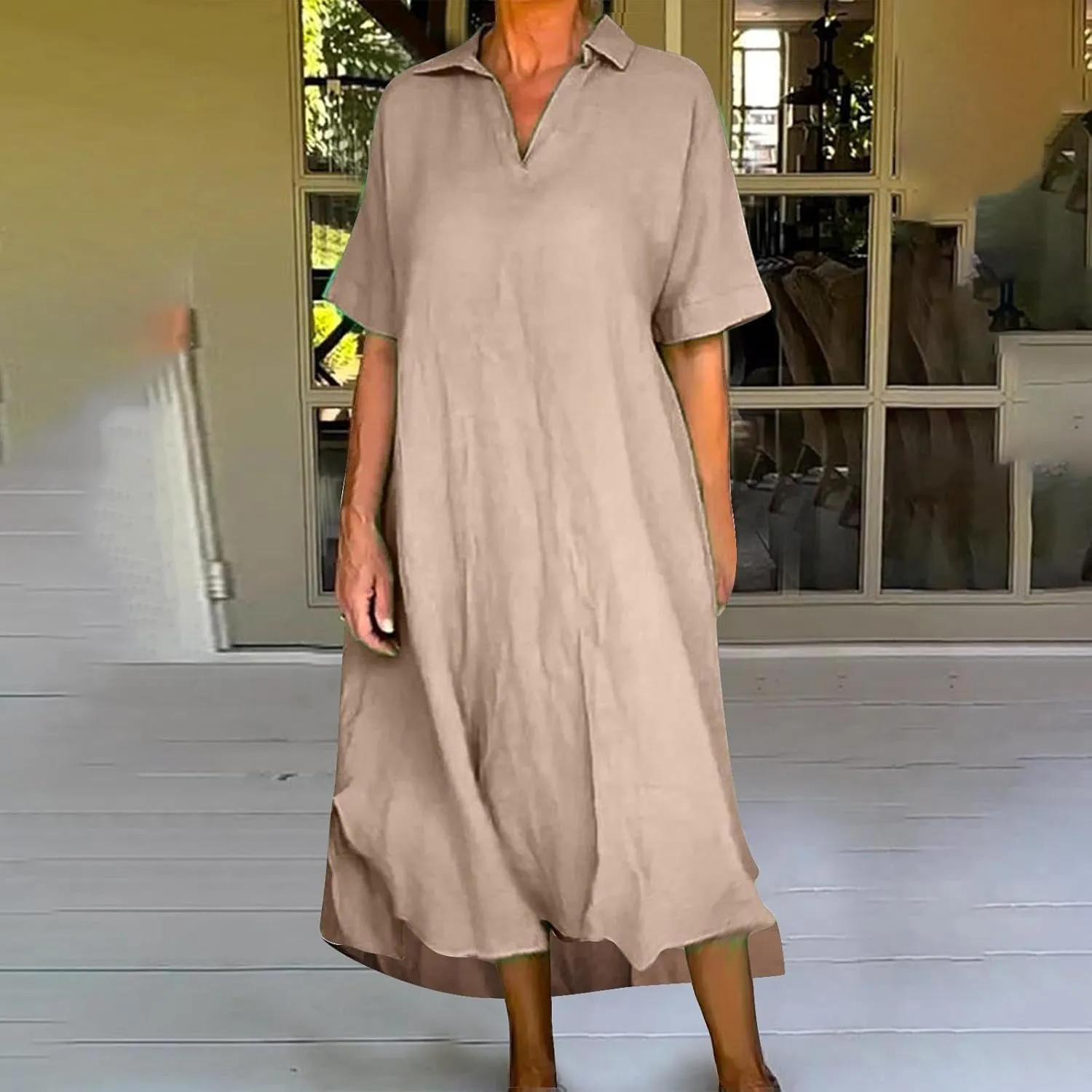 Women's Cotton Linen Maxi Dress Short Sleeve V Neck Causal Loose Dresses Summer Plus Size Solid Color Sundresses 2025