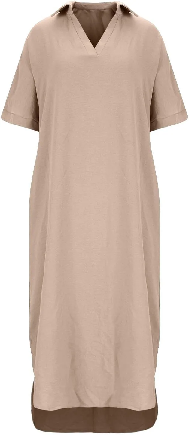 Women's Cotton Linen Maxi Dress Short Sleeve V Neck Causal Loose Dresses Summer Plus Size Solid Color Sundresses 2025