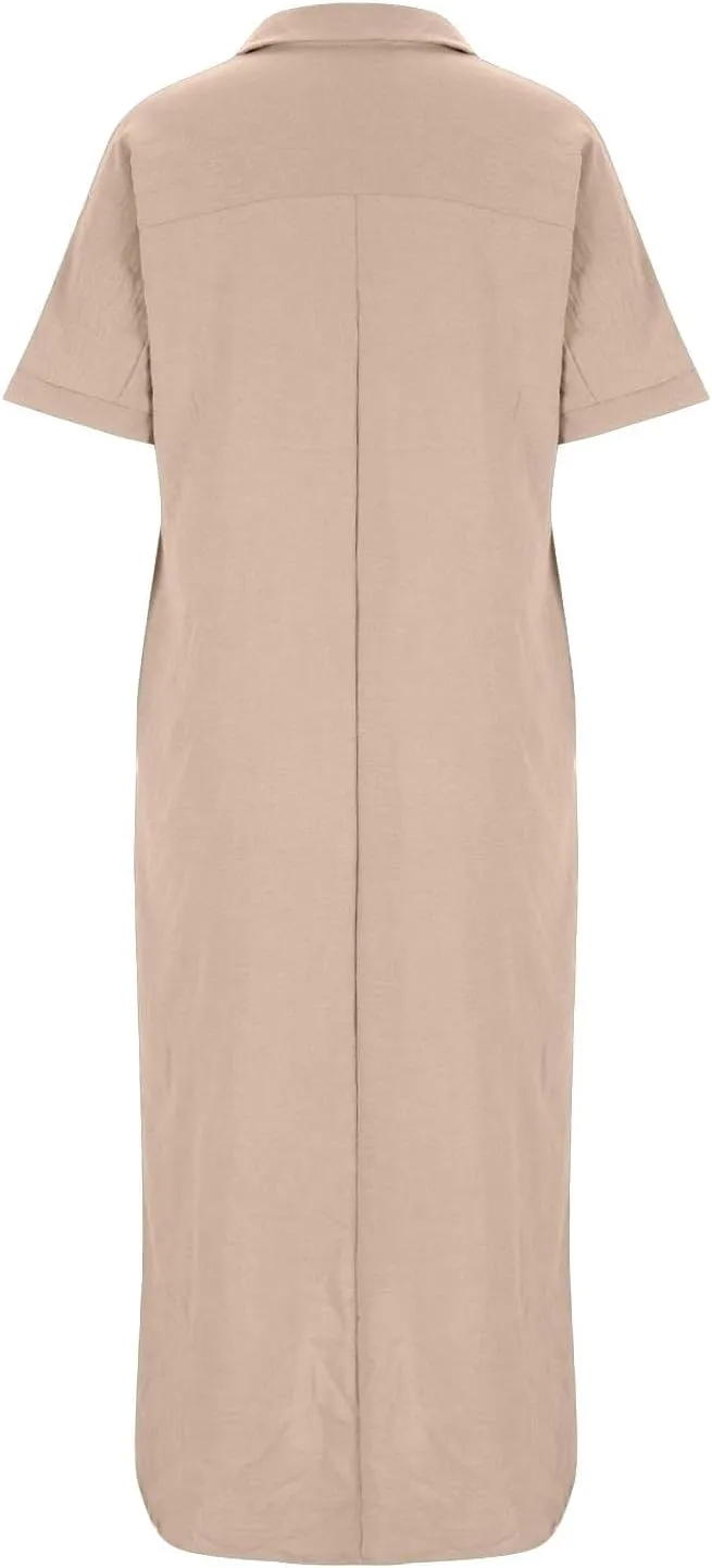 Women's Cotton Linen Maxi Dress Short Sleeve V Neck Causal Loose Dresses Summer Plus Size Solid Color Sundresses 2025