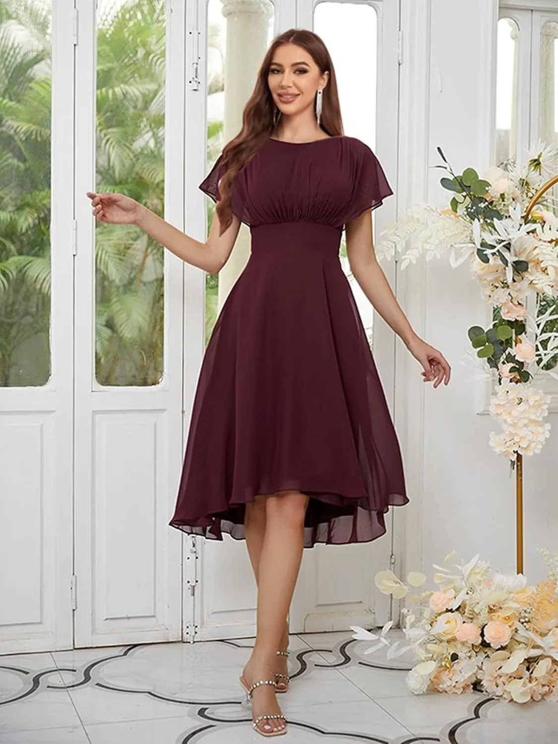 Women's Crew Neck Bridesmaid Dresses with Sleeves Chiffon Ruffle Pleated Tea Length Formal Evening Dresses