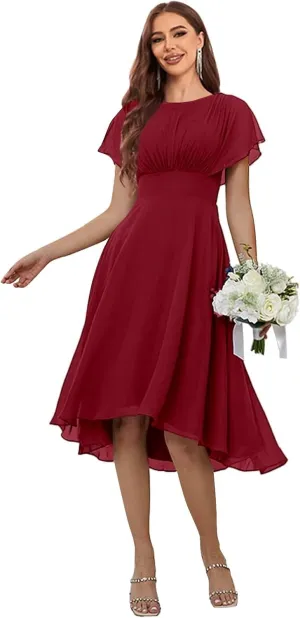 Women's Crew Neck Bridesmaid Dresses with Sleeves Chiffon Ruffle Pleated Tea Length Formal Evening Dresses