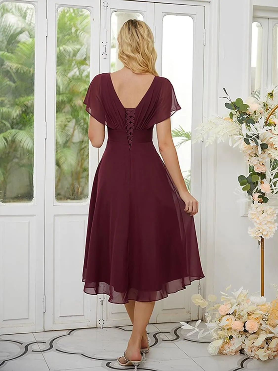 Women's Crew Neck Bridesmaid Dresses with Sleeves Chiffon Ruffle Pleated Tea Length Formal Evening Dresses