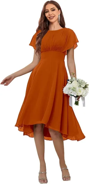 Women's Crew Neck Bridesmaid Dresses with Sleeves Chiffon Ruffle Pleated Tea Length Formal Evening Dresses