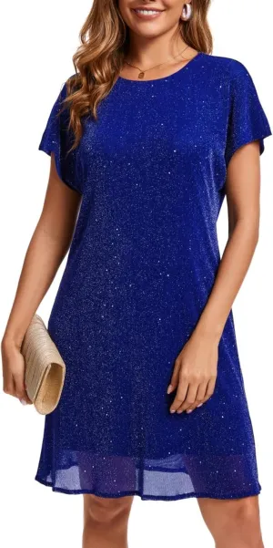 Women's Crewneck Sequin Shift Dress Short Sleeve Casual Holiday Sparkly Party Dress