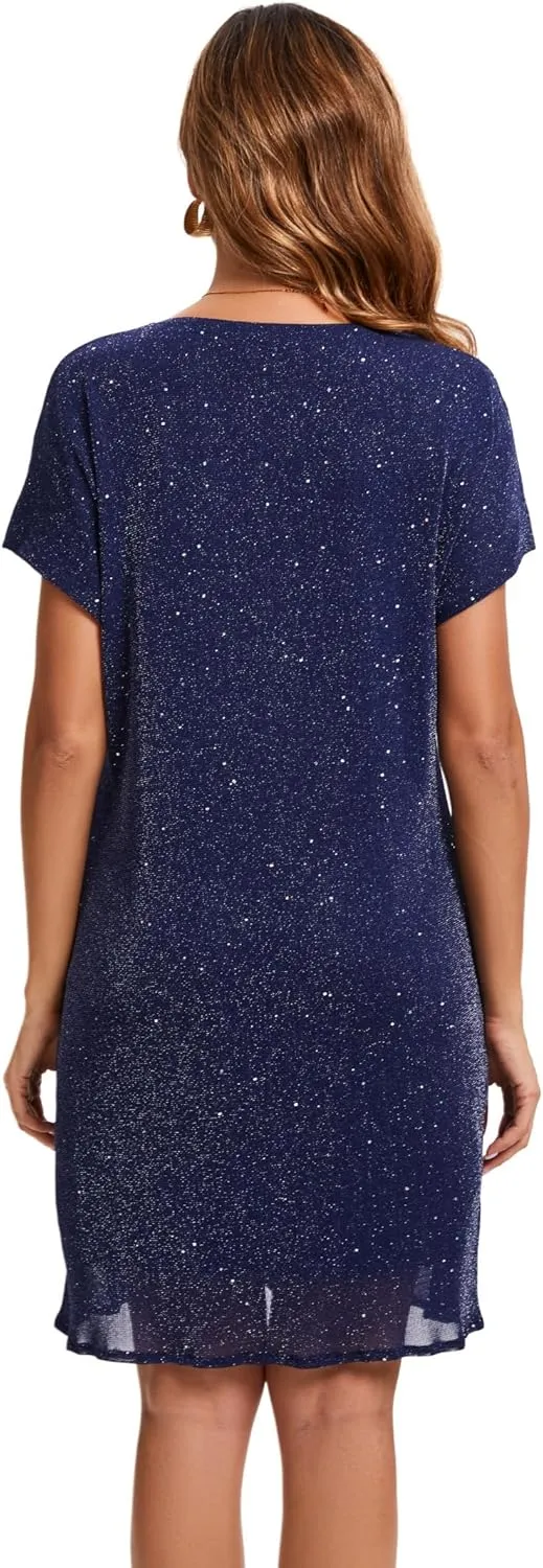 Women's Crewneck Sequin Shift Dress Short Sleeve Casual Holiday Sparkly Party Dress