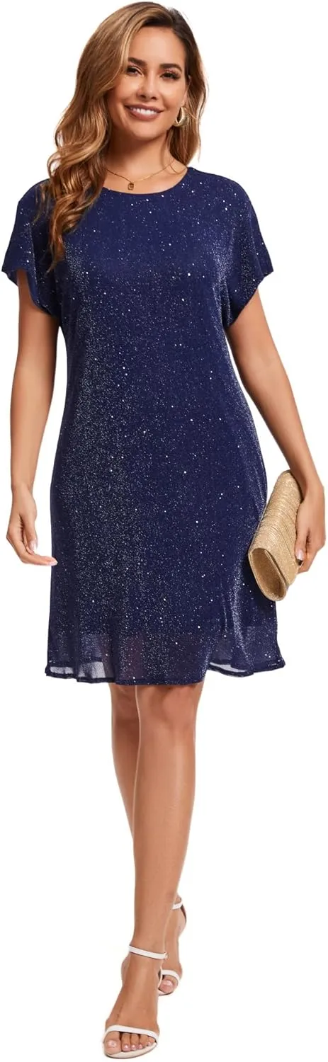 Women's Crewneck Sequin Shift Dress Short Sleeve Casual Holiday Sparkly Party Dress