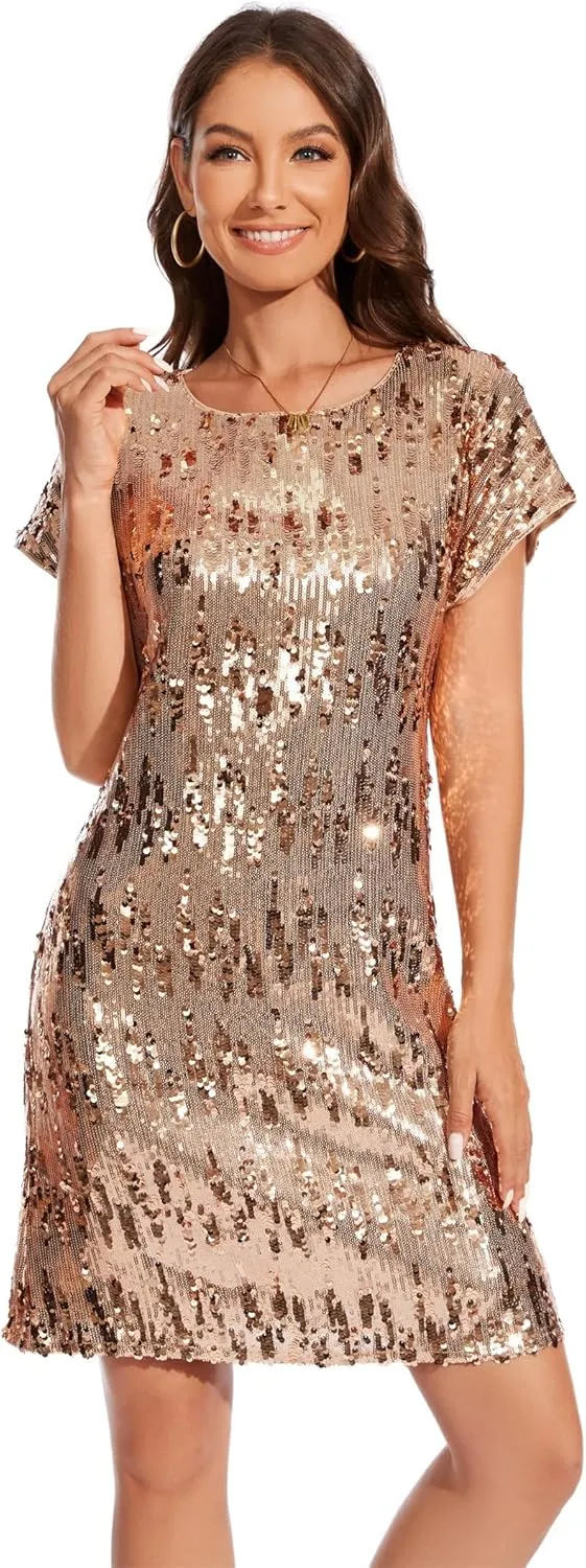 Women's Crewneck Sequin Shift Dress Short Sleeve Casual Holiday Sparkly Party Dress