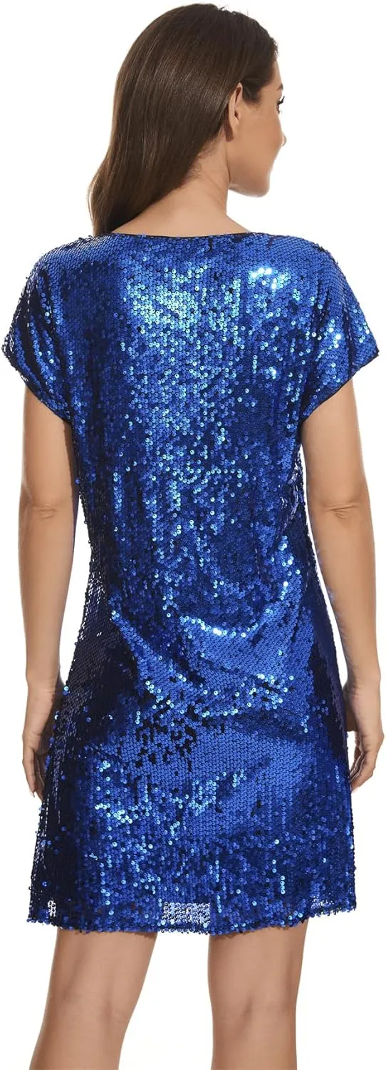Women's Crewneck Sequin Shift Dress Short Sleeve Casual Holiday Sparkly Party Dress