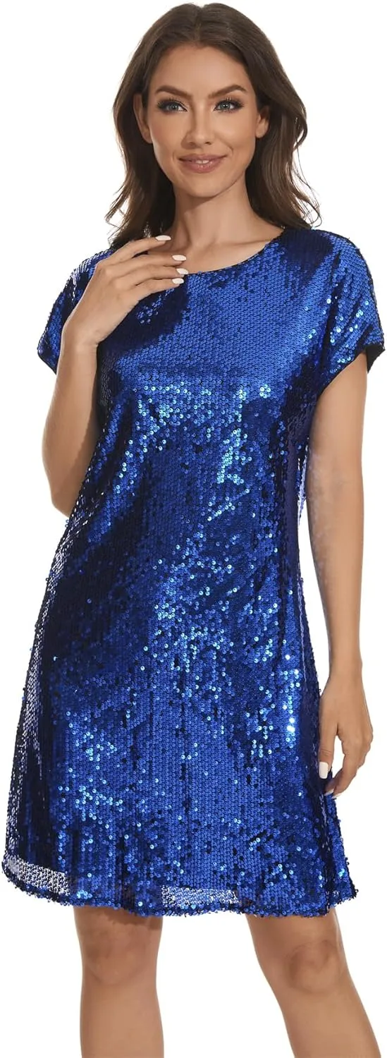Women's Crewneck Sequin Shift Dress Short Sleeve Casual Holiday Sparkly Party Dress