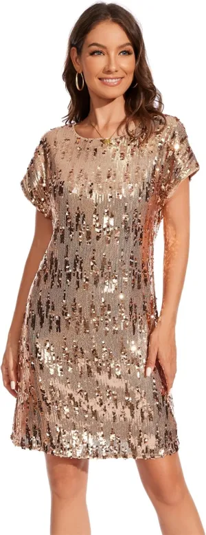 Women's Crewneck Sequin Shift Dress Short Sleeve Casual Holiday Sparkly Party Dress