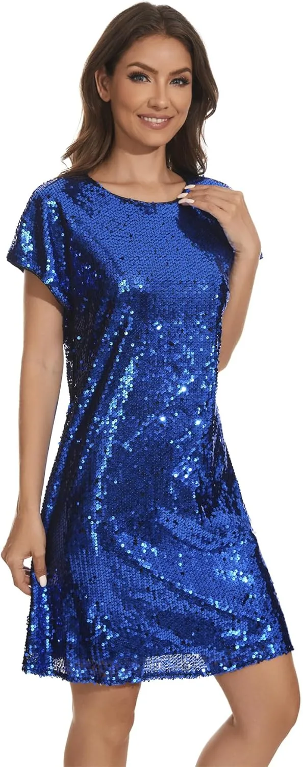 Women's Crewneck Sequin Shift Dress Short Sleeve Casual Holiday Sparkly Party Dress