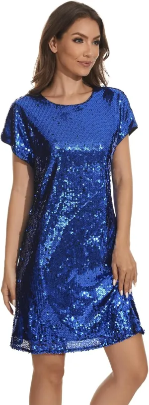 Women's Crewneck Sequin Shift Dress Short Sleeve Casual Holiday Sparkly Party Dress