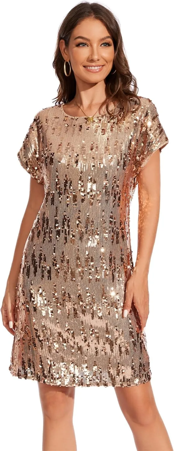 Women's Crewneck Sequin Shift Dress Short Sleeve Casual Holiday Sparkly Party Dress