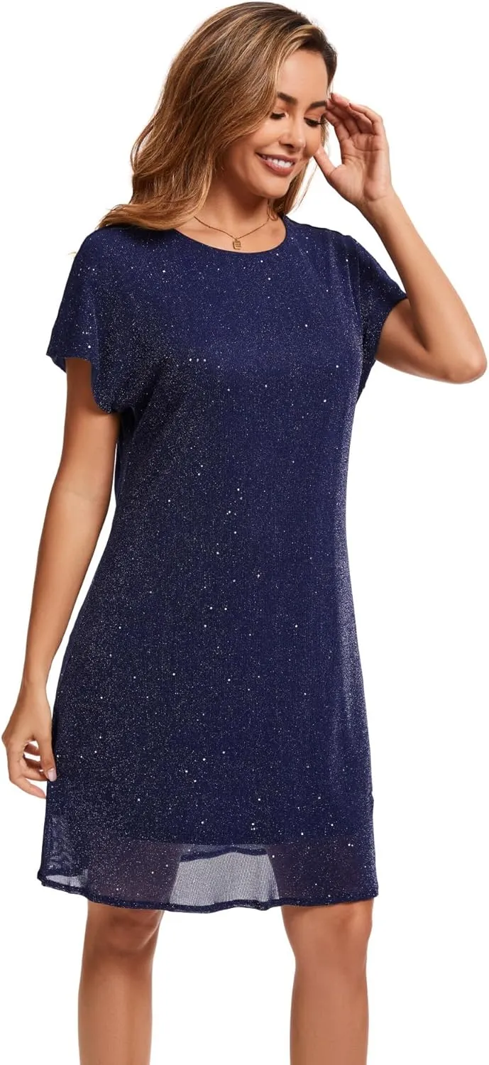 Women's Crewneck Sequin Shift Dress Short Sleeve Casual Holiday Sparkly Party Dress
