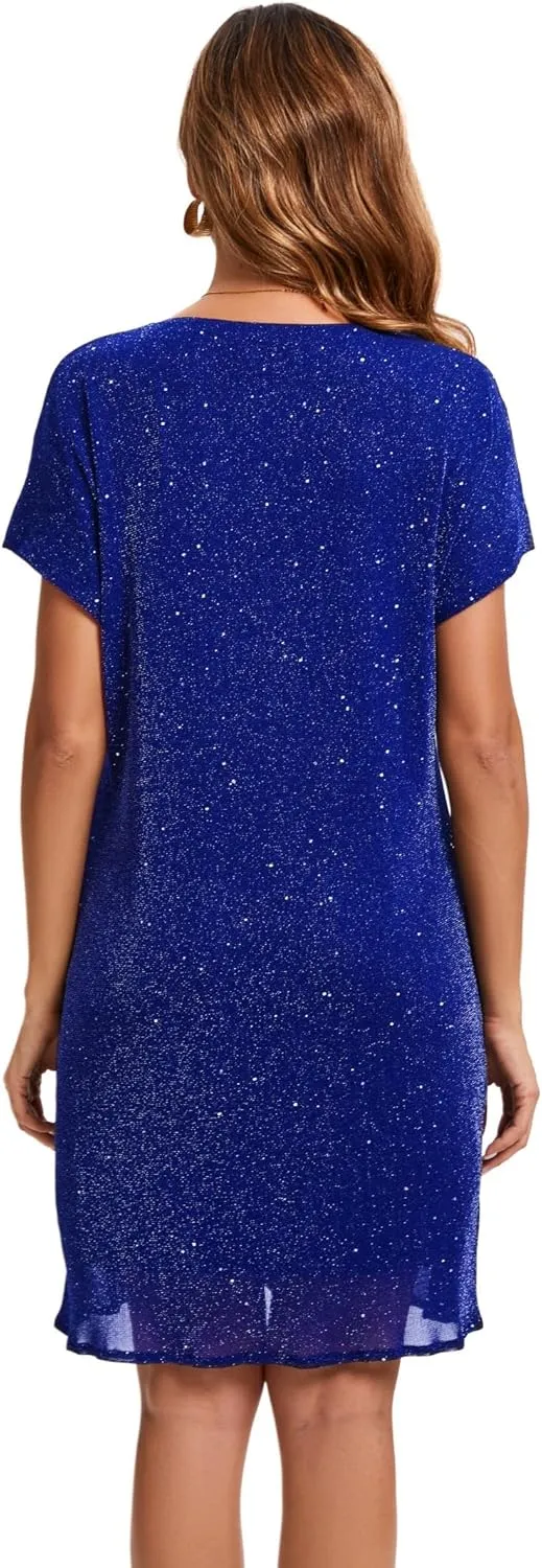 Women's Crewneck Sequin Shift Dress Short Sleeve Casual Holiday Sparkly Party Dress