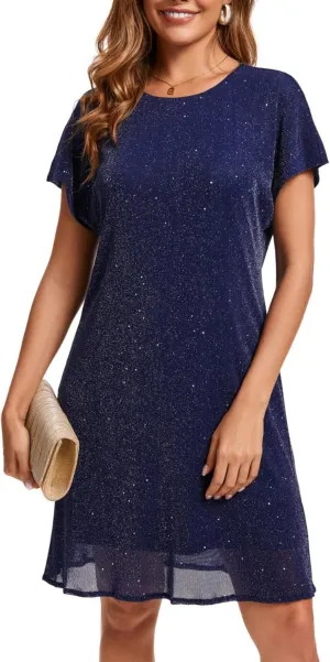 Women's Crewneck Sequin Shift Dress Short Sleeve Casual Holiday Sparkly Party Dress