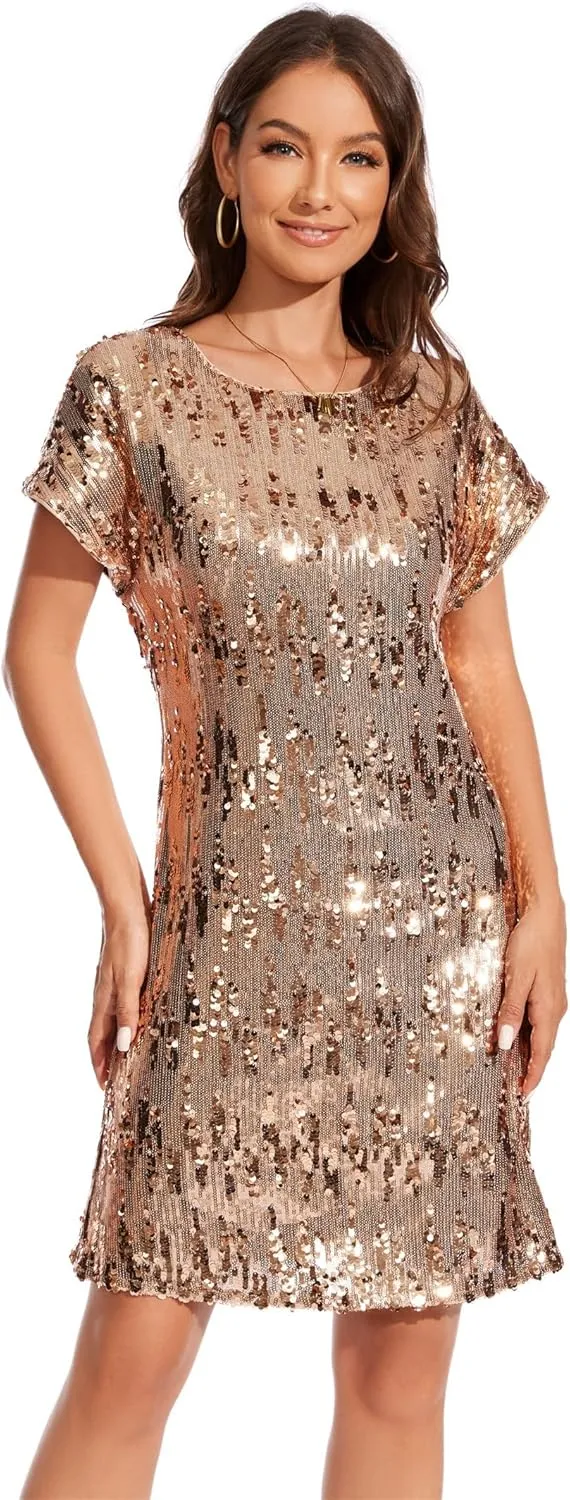 Women's Crewneck Sequin Shift Dress Short Sleeve Casual Holiday Sparkly Party Dress
