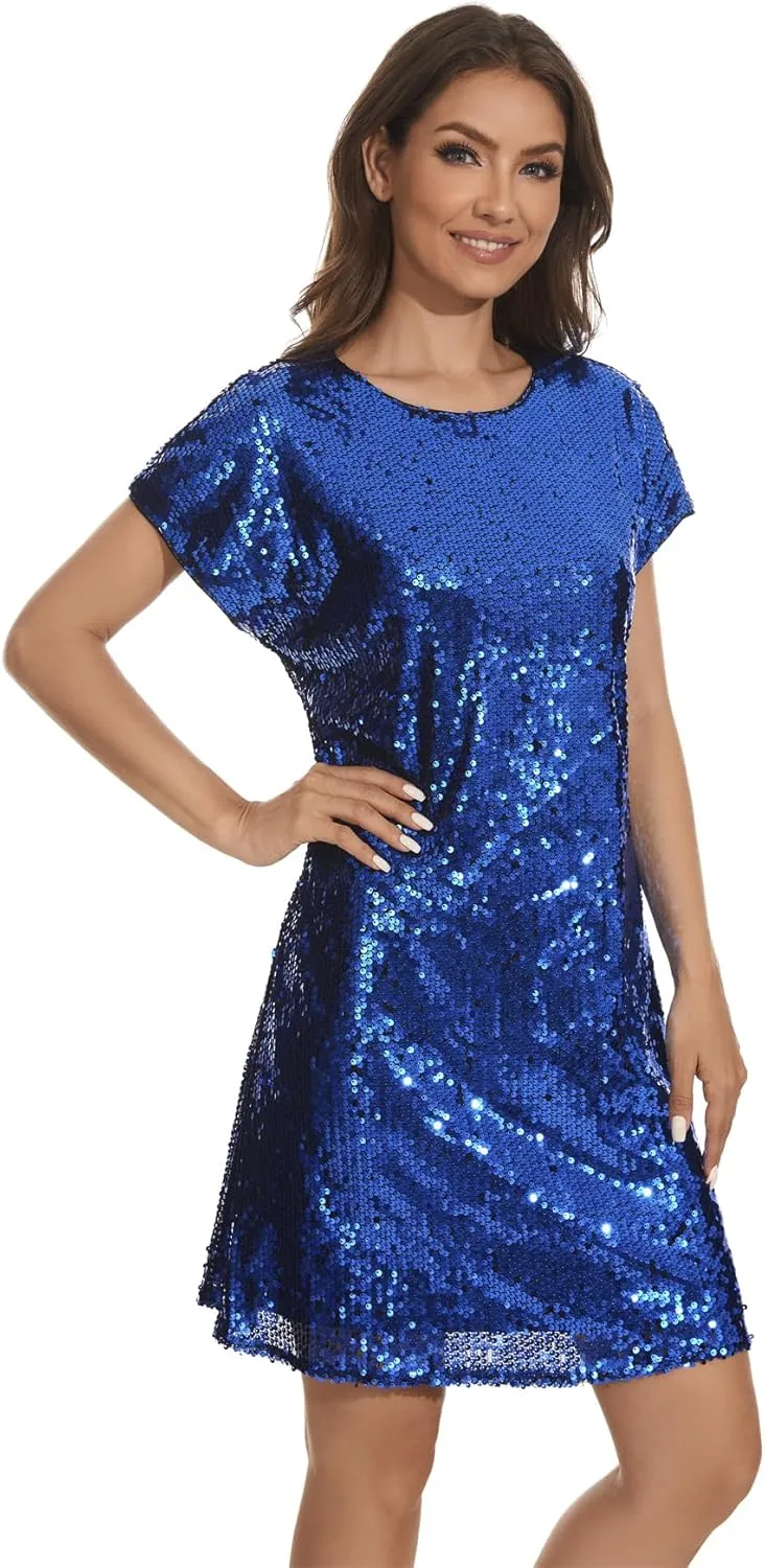 Women's Crewneck Sequin Shift Dress Short Sleeve Casual Holiday Sparkly Party Dress