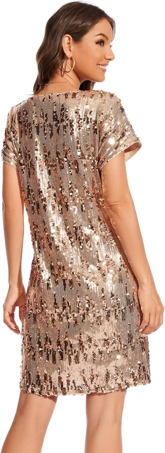 Women's Crewneck Sequin Shift Dress Short Sleeve Casual Holiday Sparkly Party Dress