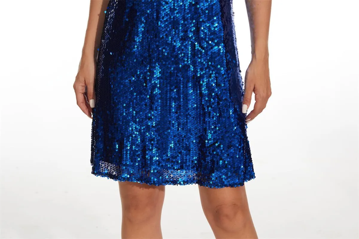 Women's Crewneck Sequin Shift Dress Short Sleeve Casual Holiday Sparkly Party Dress