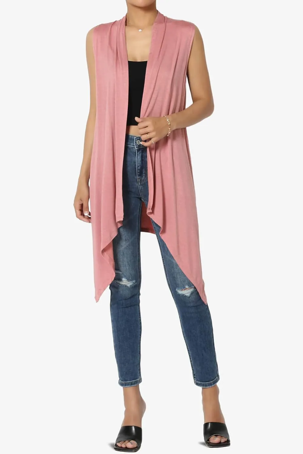 Women's Draped Jersey Open Front Sleeveless Cardigan Waterfall Asymmetric Vest