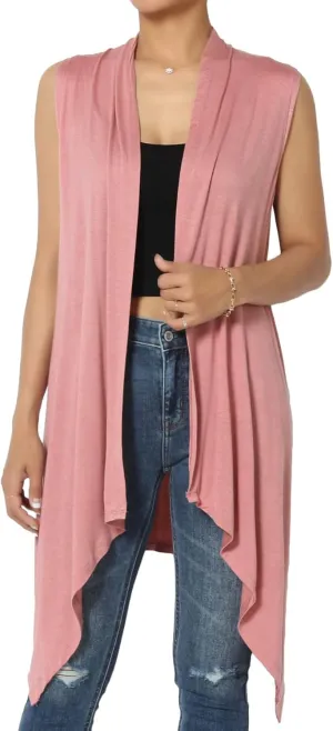 Women's Draped Jersey Open Front Sleeveless Cardigan Waterfall Asymmetric Vest