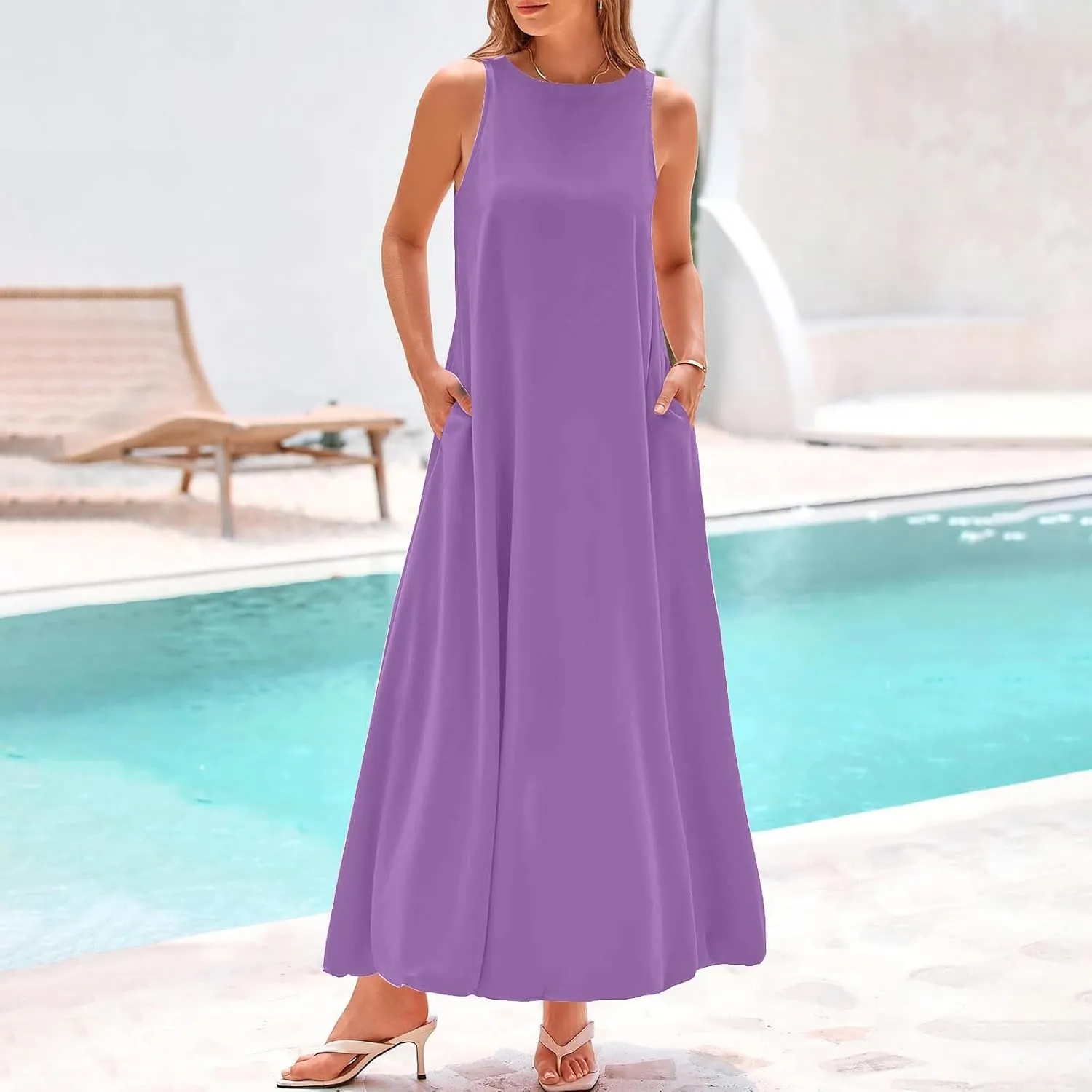 Women's Flowy Summer Dresses 2025 Crew Neck Sleeveless Casual Loose Sundress Basic Beach Tank Maxi Dress with Pockets