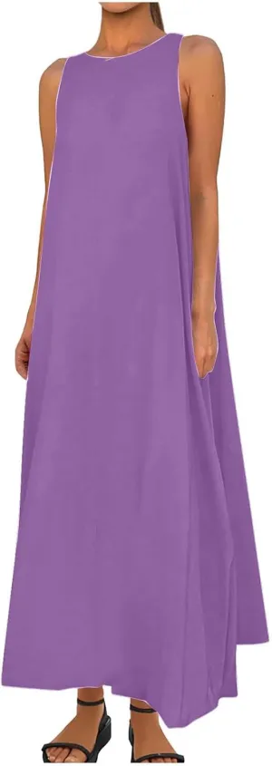 Women's Flowy Summer Dresses 2025 Crew Neck Sleeveless Casual Loose Sundress Basic Beach Tank Maxi Dress with Pockets