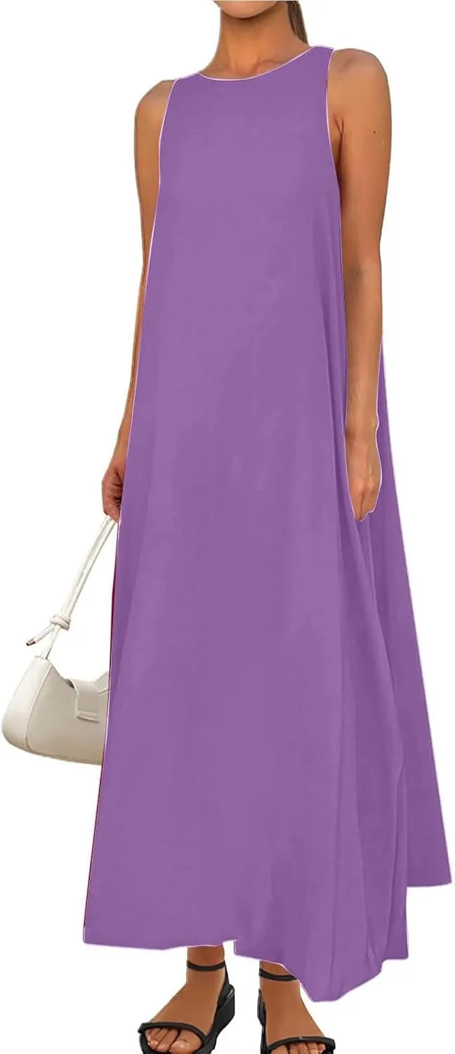 Women's Flowy Summer Dresses 2025 Crew Neck Sleeveless Casual Loose Sundress Basic Beach Tank Maxi Dress with Pockets