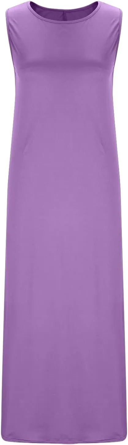 Women's Flowy Summer Dresses 2025 Crew Neck Sleeveless Casual Loose Sundress Basic Beach Tank Maxi Dress with Pockets