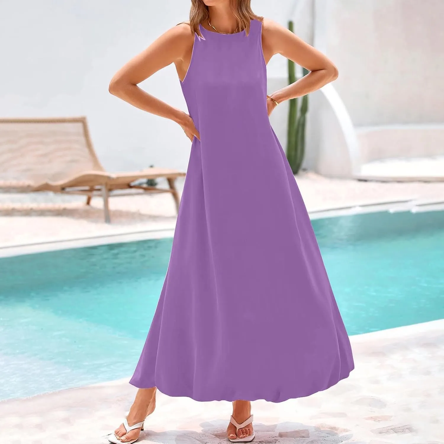 Women's Flowy Summer Dresses 2025 Crew Neck Sleeveless Casual Loose Sundress Basic Beach Tank Maxi Dress with Pockets