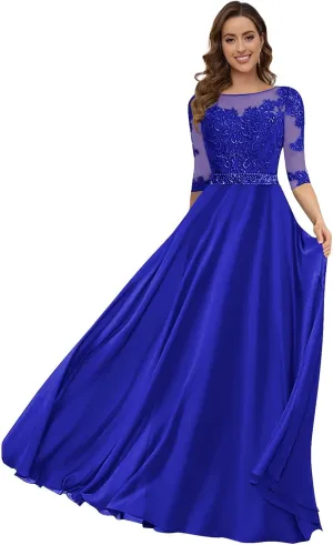 Women's Lace Appliques Mother of The Bride Dresses 3/4 Sleeves Pleated Chiffon Long A-line Formal Evening Gown
