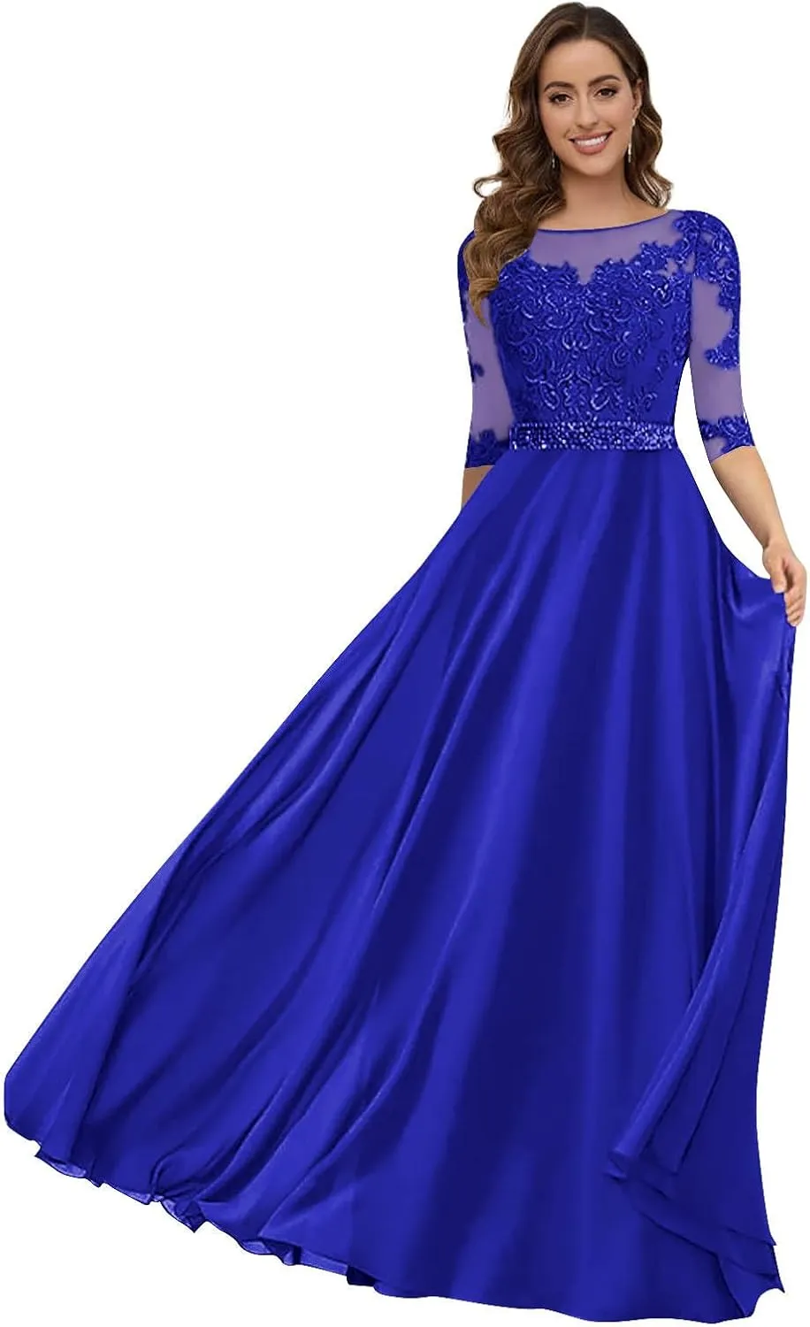 Women's Lace Appliques Mother of The Bride Dresses 3/4 Sleeves Pleated Chiffon Long A-line Formal Evening Gown