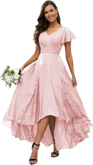 Womens Lace Tea Length Mother of The Bride Dresses Short Sleeve Wedding Guest Dress Formal Evening Gown LA91