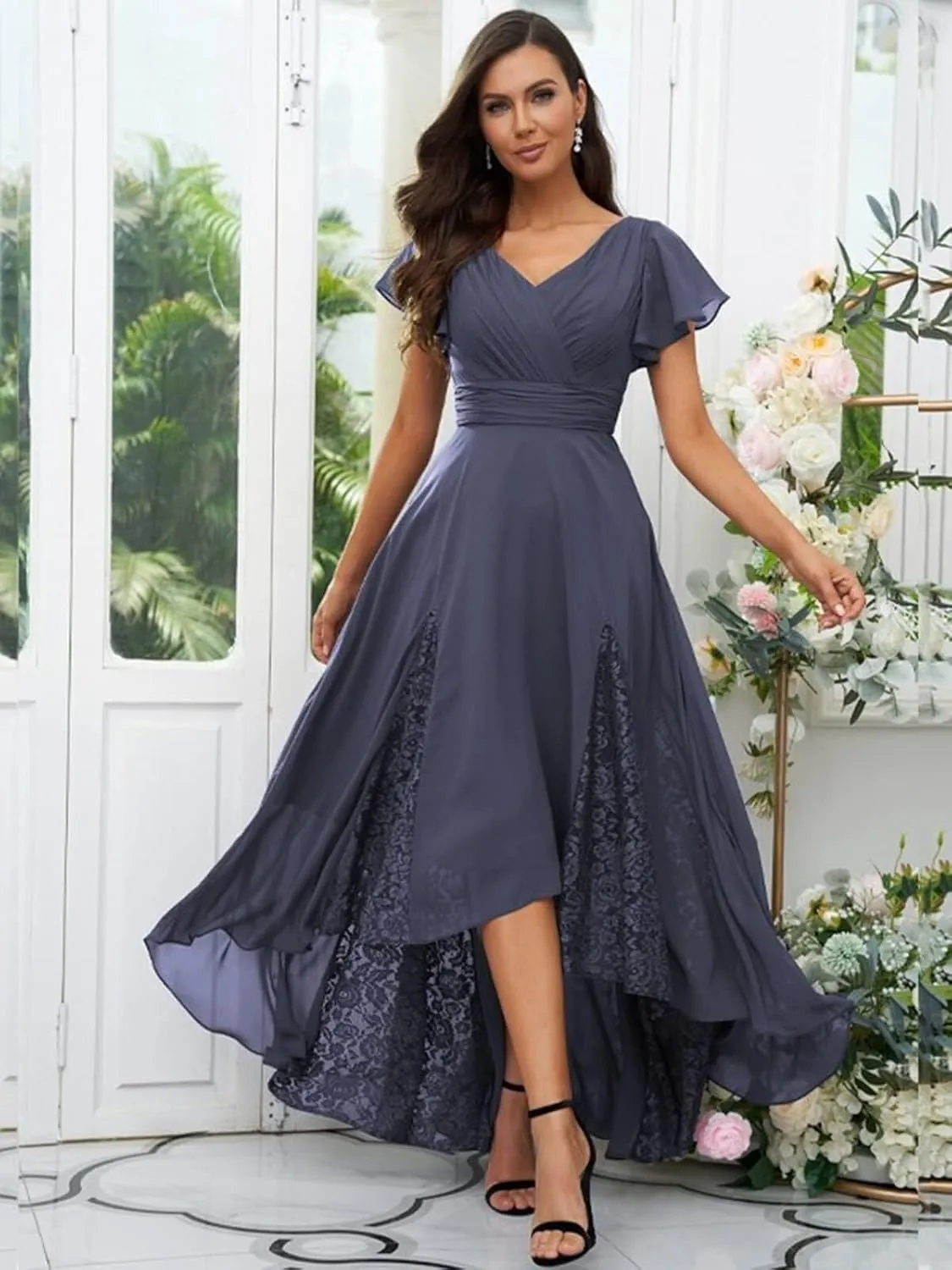 Womens Lace Tea Length Mother of The Bride Dresses Short Sleeve Wedding Guest Dress Formal Evening Gown LA91