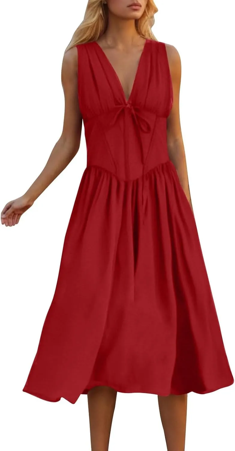Womens Midi Dresses Plus Size Fashion Solid Color Lace up V-Neck Sleeveless Pleat Tank Dress Summer Beach Sundress