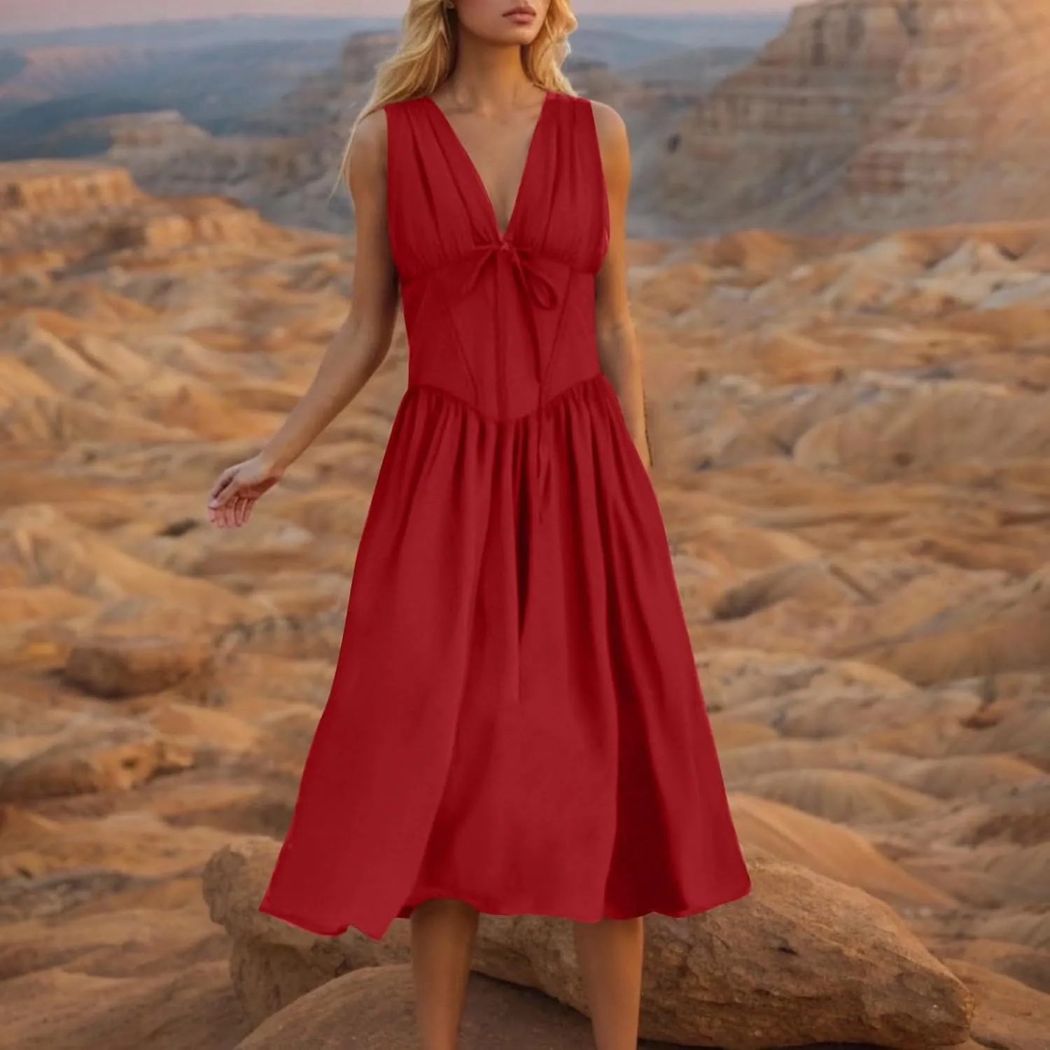 Womens Midi Dresses Plus Size Fashion Solid Color Lace up V-Neck Sleeveless Pleat Tank Dress Summer Beach Sundress