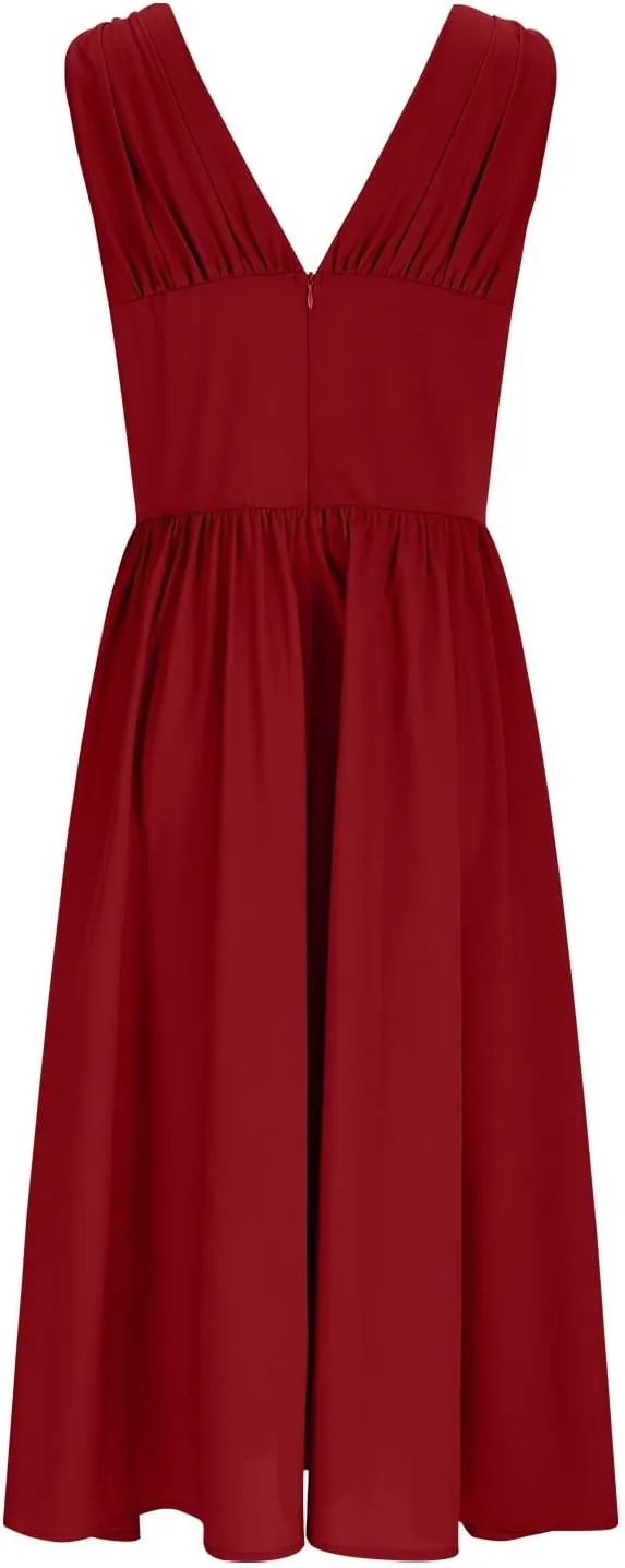 Womens Midi Dresses Plus Size Fashion Solid Color Lace up V-Neck Sleeveless Pleat Tank Dress Summer Beach Sundress