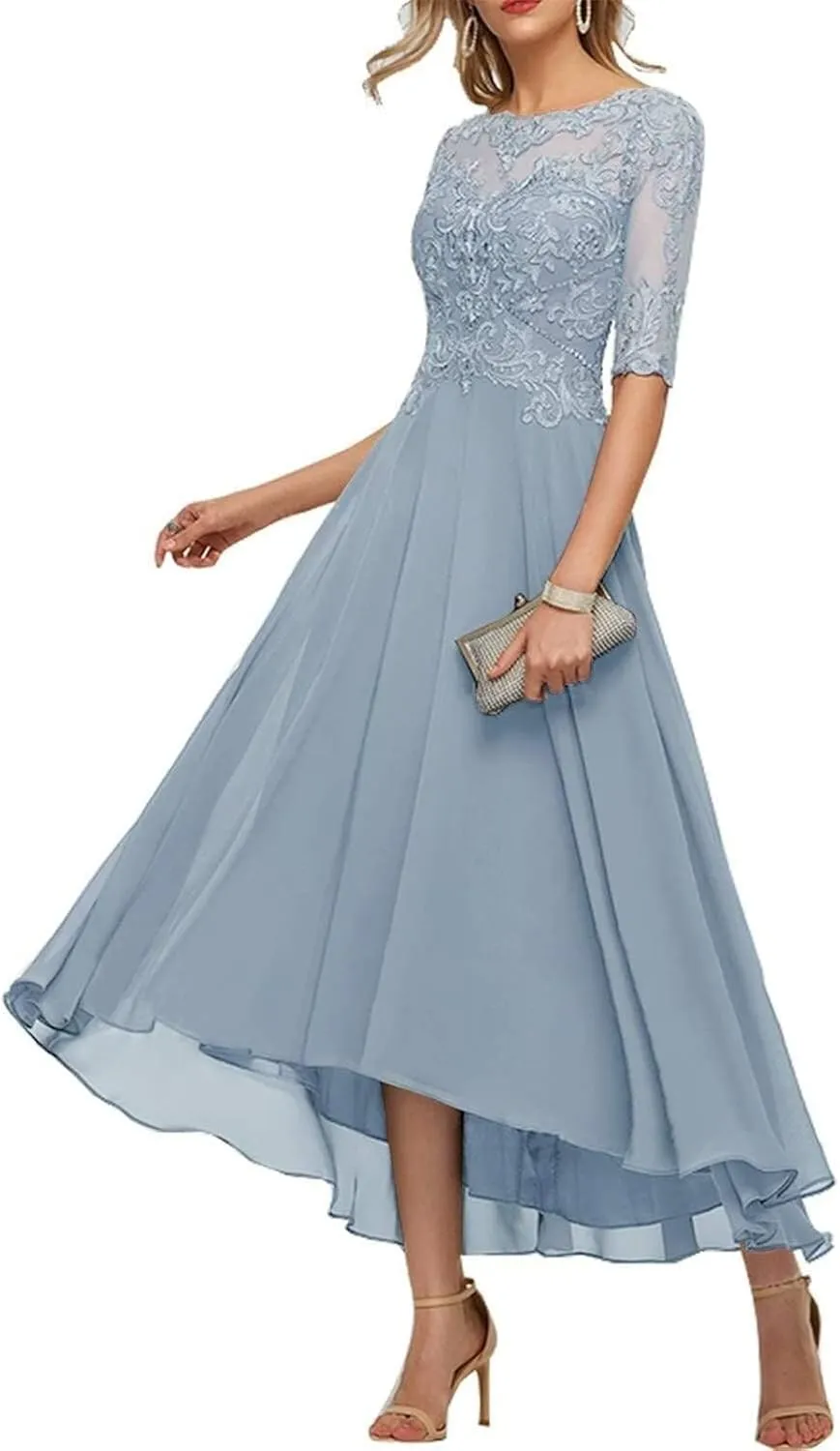 Women's Mother of The Bride Dresses for Wedding Tea Length V-Neck Lace Chiffon Evening Gown Half Sleeves