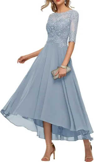 Women's Mother of The Bride Dresses for Wedding Tea Length V-Neck Lace Chiffon Evening Gown Half Sleeves
