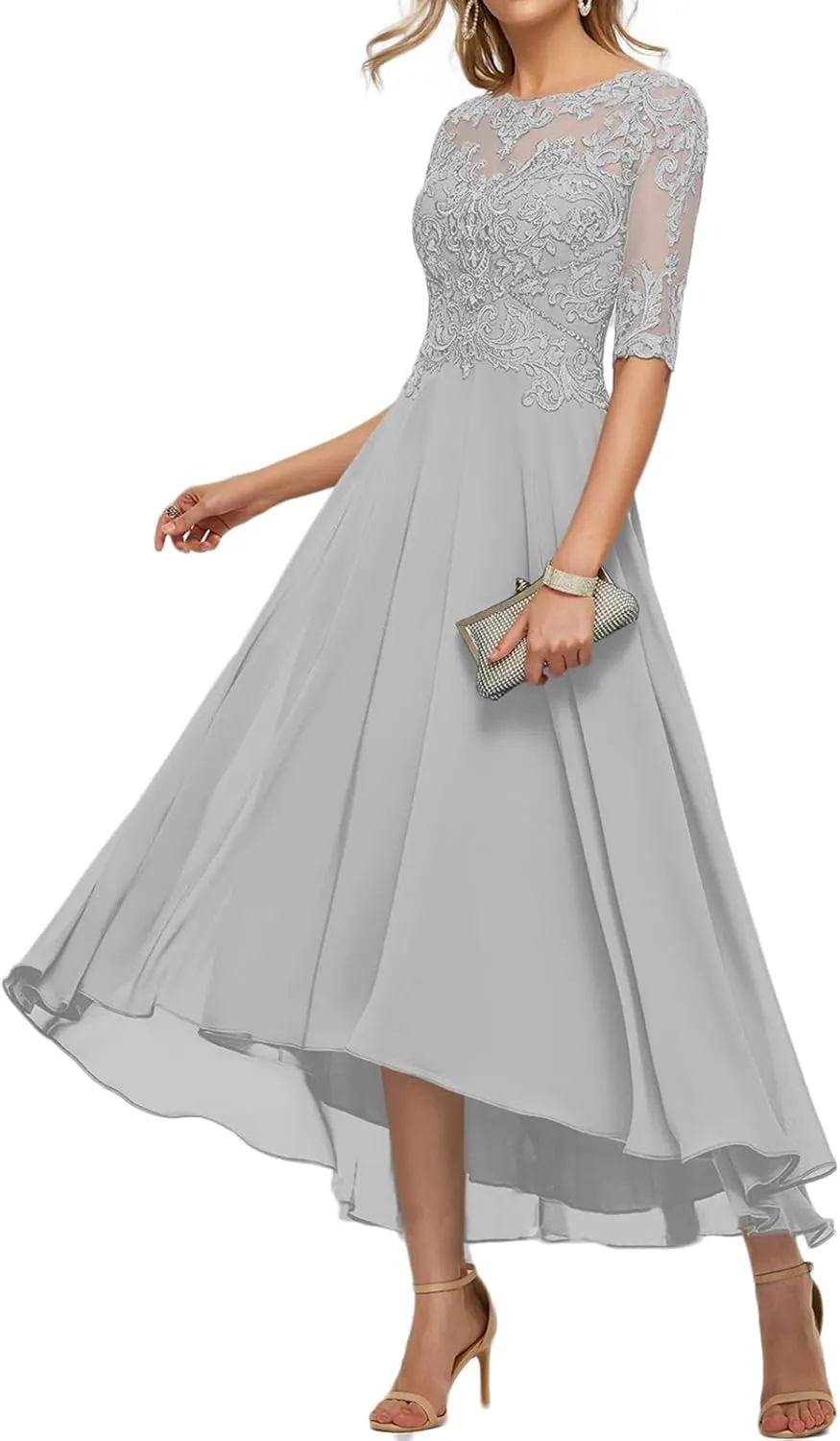 Women's Mother of The Bride Dresses for Wedding Tea Length V-Neck Lace Chiffon Evening Gown Half Sleeves