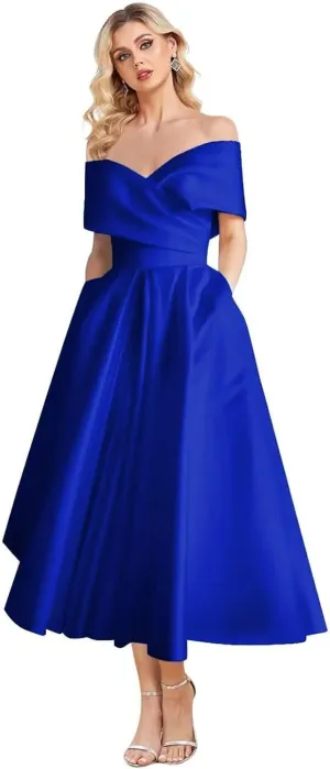 Women's Off Shoulder Wedding Dress for Bride Tea Length A Line Satin Formal Prom Dresses with Pockets