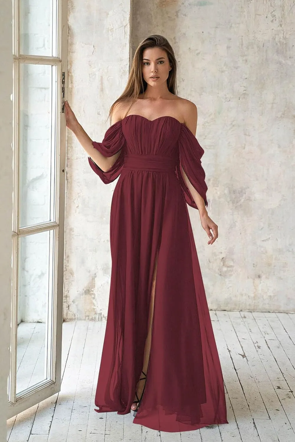 Women's Off The Shoulder Bridesmaid Dresses Long Chiffon Formal Wedding Guest Dresses with Slit