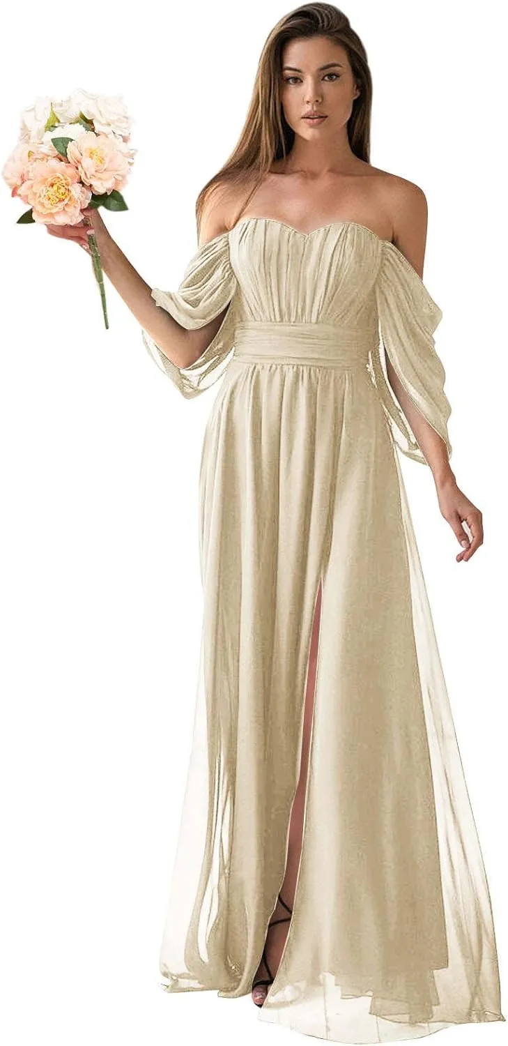 Women's Off The Shoulder Bridesmaid Dresses Long Chiffon Formal Wedding Guest Dresses with Slit